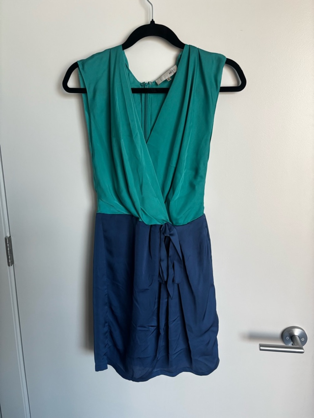 Two-Tone Teal and Navy Wrap Midi Dress with Tie Waist